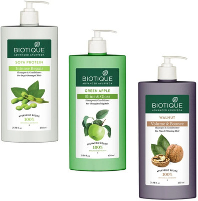 BIOTIQUE Shampoo 650ml - Soya Protein & Green Apple & Walnut (Pack of 3)(1950 ml)