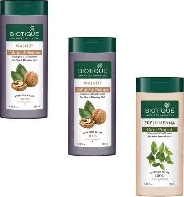 BIOTIQUE Shampoo 180ml - Walnut Volume & Bounce -2pcs & Fresh Henna Colour P. (Pack of 3)(540 ml)