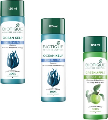 BIOTIQUE Shampoo 120ml - Ocean Kelp -2pcs & Green Apple (Pack of 3)(360 ml)