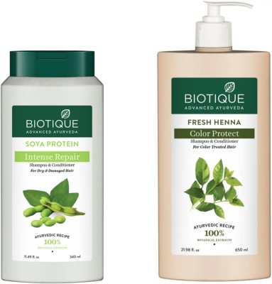 BIOTIQUE Shampoo - Soya Protein - 340ml & Fresh Henna - 650ml (Pack of 2)(990 ml)