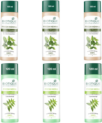 BIOTIQUE Shampoo 120ml - Fresh Henna Colour Protect -3pcs & Fresh Neem -3pcs (Pack of 6)(720 ml)