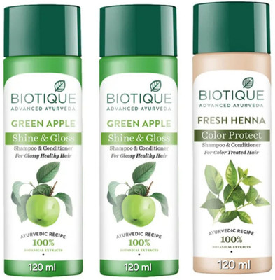 BIOTIQUE Shampoo 120 ML - Green Apple Qty-2 & Fresh Henna Qty-1(360 ml)