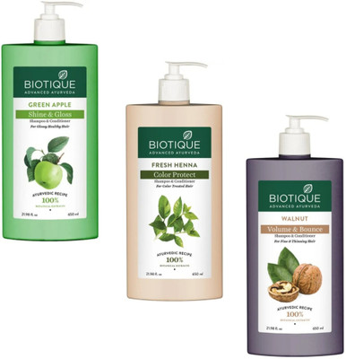 BIOTIQUE Shampoo 650ml - Green Apple & Fresh Henna & Walnut (Pack of 3)(1950 ml)