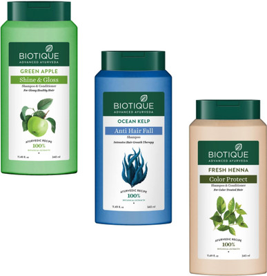 BIOTIQUE Shampoo 340ml - Green Apple & Ocean Kelp & Fresh Henna (Pack of 3)(1020 ml)