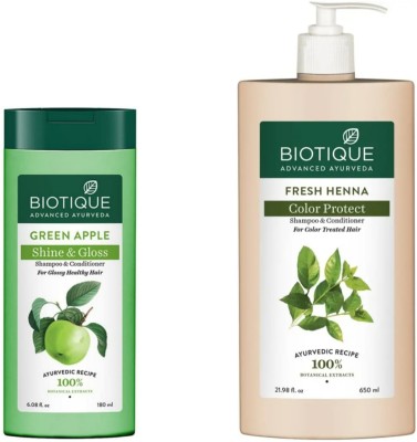 BIOTIQUE Shampoo - Green Apple - 180ml & Fresh Henna - 650ml (Pack of 2)(830 ml)