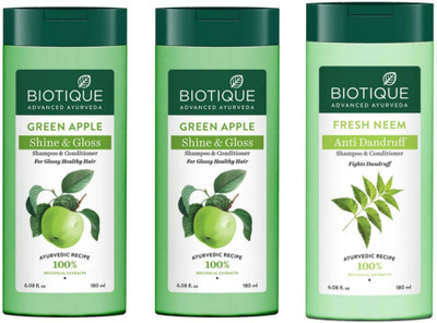 BIOTIQUE Shampoo 180 ML - Green Apple Qty-2 & Fresh Neem Qty-1(540 ml)