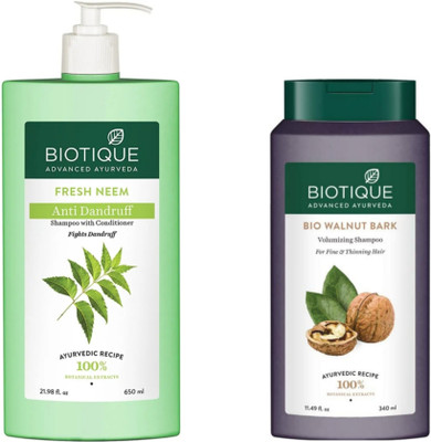 BIOTIQUE Shampoo Combo – Neem 650 ML & Walnut Bark 340 ML (990 ml)