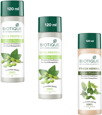 BIOTIQUE Shampoo 120ml - Soya Protein -2pcs & Fresh Henna (Pack of 3)(360 ml)