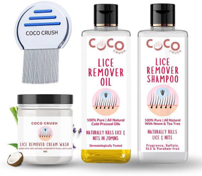 COCO CRUSH Natural Lice & Nits Killer Shampoo, 200ml; Oil, 50ml; Cream wash, 50g; & Comb(300 ml)