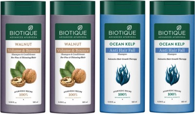 BIOTIQUE Shampoo 180ml - Walnut Volume & Bounce -2pcs & Ocean Kelp -2pcs (Pack of 4)(720 ml)