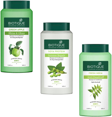 BIOTIQUE Fresh Neem & Soya Protein & Green Apple Shampoo 340Ml (Pack Of 3)(1020 ml)