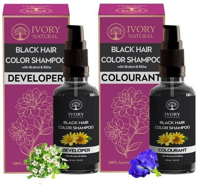Ivory Natural Black Natural Hair Color Shampoo (30 ml + 30 ml) - Get Black Hair Instantly(60 ml)