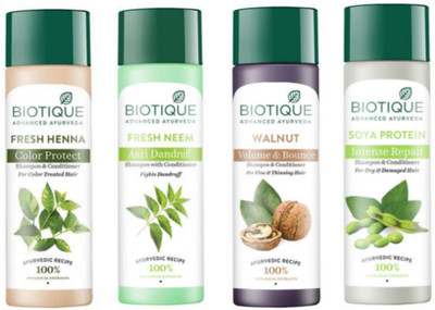 BIOTIQUE Shampoo Combo - Fresh Henna & Fresh Neem & Walnut & Soya Protein 120ml Each(480 ml)