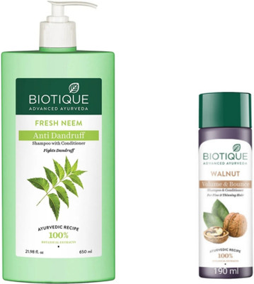 BIOTIQUE Shampoo Combo – Neem 650 ML & Walnut Bark 190 ML (840 ml)