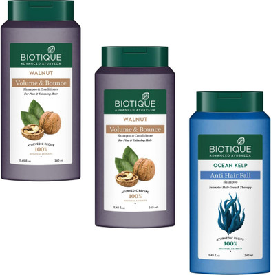 BIOTIQUE Shampoo 340ml - Walnut Volume & Bounce -2pcs & Ocean Kelp (Pack of 3)(1020 ml)