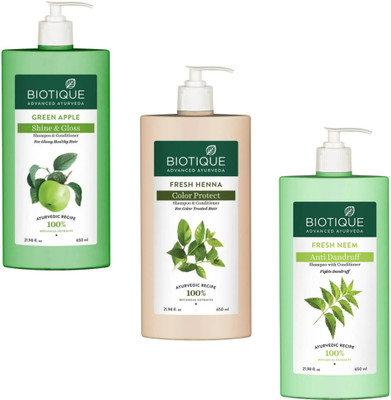BIOTIQUE Shampoo 650ml - Green Apple & Fresh Henna & Fresh Neem (Pack of 3)(1950 ml)
