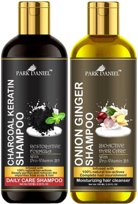PARK DANIEL Premium Charcoal Keratin Shampoo & Onion Ginger Shampoo Combo Pack Of 2 bottle of 100 ml(200 ml)(200 ml)