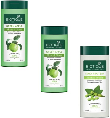 BIOTIQUE Shampoo 180ml - Green Apple Shine & Gloss-2pcs & Soya Protein (Pack of 3)(540 ml)