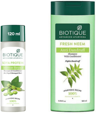 BIOTIQUE Shampoo - Soya Protein - 120ml & Fresh Neem - 180ml (Pack of 2)(300 ml)