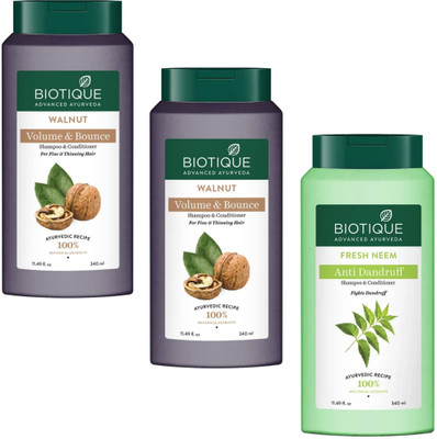 BIOTIQUE Shampoo 340ml - Walnut Volume & Bounce -2pcs & Fresh Neem (Pack of 3)(1020 ml)