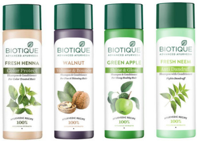 BIOTIQUE Shampoo Combo - Fresh Henna & Walnut & Green Apple & Fresh Neem 120ml Each(480 ml)