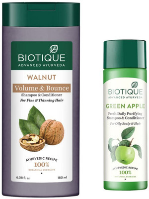 BIOTIQUE Shampoo - Walnut Volume & Bounce 180ml & Green Apple 120ml (Pack of 2)(300 ml)