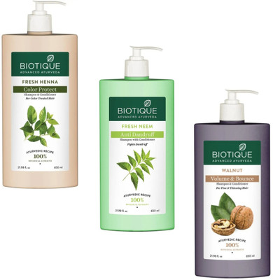 BIOTIQUE Shampoo 650ml - Fresh Henna & Fresh Neem & Walnut (Pack of 3)(1950 ml)