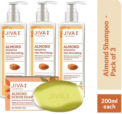 JIVA Almond Shampoo - Nourishes Your Hair Roots and Prevents Hair Loss - 200 ml, Pack of 3 with Almond Soap Free - 100 g(200 ml)