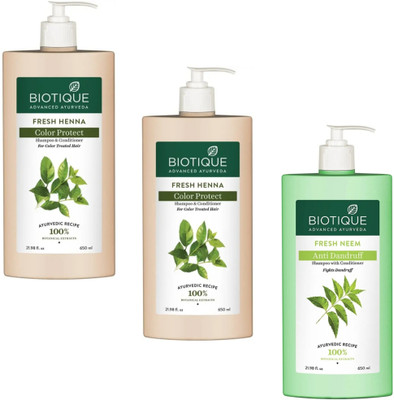 BIOTIQUE Shampoo 650ml - Fresh Henna -2pcs & Fresh Neem (Pack of 3)(1950 ml)
