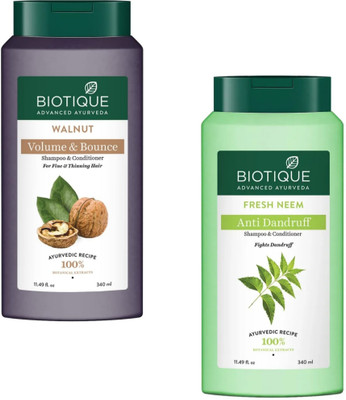 BIOTIQUE Shampoo 340ml - Walnut Volume & Bounce & Fresh Neem (Pack of 2)(680 ml)