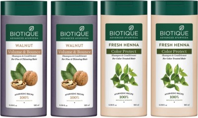 BIOTIQUE Shampoo 180ml - Walnut Volume & Bounce -2pcs & Fresh Henna -2pcs (Pack of 4)(720 ml)