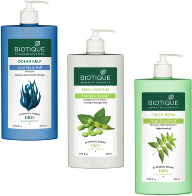 BIOTIQUE Shampoo 650ml - Ocean Kelp & Soya Protein & Fresh Neem (Pack of 3)(1950 ml)