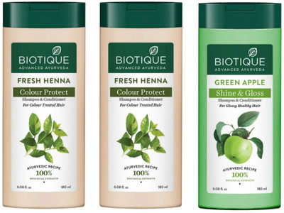 BIOTIQUE Shampoo 180 ML - Fresh Henna Qty-2 & Green Apple Qty-1(540 ml)