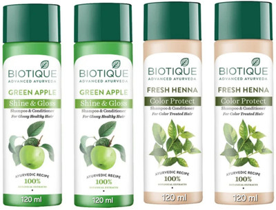 BIOTIQUE Shampoo 120 ML - Green Apple Qty-2 & Fresh Henna Qty-2(480 ml)