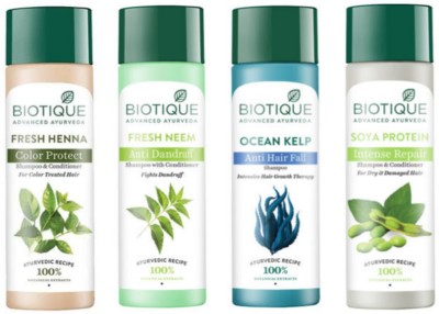 BIOTIQUE Shampoo Combo - Fresh Henna & Fresh Neem & Ocean Kelp & Soya Protein 120ml Each(480 ml)