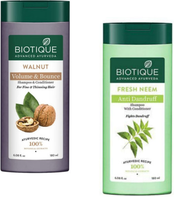 BIOTIQUE Shampoo 180ml - Walnut Volume & Bounce, & Fresh Neem Anti Dandruff (Pack of 2)(360 ml)