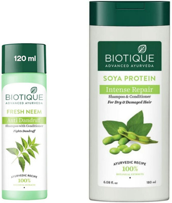 BIOTIQUE Fresh Neem Shampoo 120 ML & Soya Protein Shampoo 180 ML(300 ml)