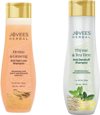 JOVEES Anti Dandruff AND Henna & Ginseng Anti Hair Loss Shampoo PACK OF 2(600 ml)