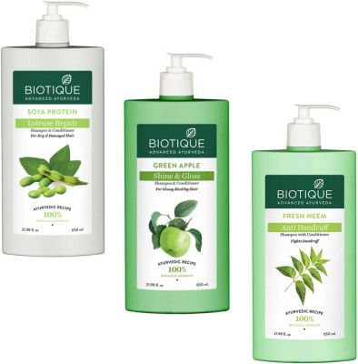 BIOTIQUE Shampoo 650ml - Soya Protein & Green Apple & Fresh Neem (Pack of 3)(1950 ml)