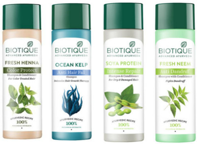 BIOTIQUE Shampoo Combo - Fresh Henna & Ocean Kelp &Soya Protein &Fresh Neem 120 ml Each(480 ml)