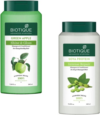 BIOTIQUE Shampoo 340ml - Green Apple Shine & G. & Soya Protein Intense R. (Pack of 2)(680 ml)