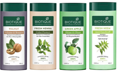 BIOTIQUE Shampoo 180ml - Walnut, F. Henna, G. Apple, F. Neem (Pack of 4)(720 ml)