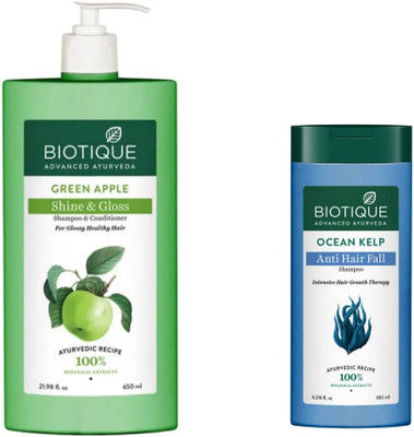 BIOTIQUE Shampoo Combo – Green Apple 650 ML & Ocean Kelp 180 ML (830 ml)