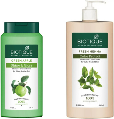 BIOTIQUE Shampoo - Green Apple - 340ml & Fresh Henna - 650ml (Pack of 2)(990 ml)