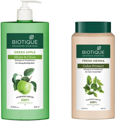 BIOTIQUE Shampoo Combo – Green Apple 650 ML & Henna Leaf 340 ML (990 ml)