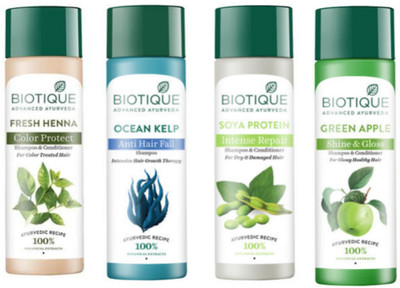 BIOTIQUE Shampoo Combo - Fresh Henna & Ocean Kelp &Soya Protein &Green Apple 120 ml Each(480 ml)
