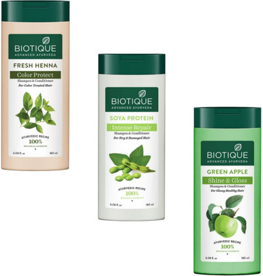 BIOTIQUE Green Apple & Soya Protein & Fresh Heena Shampoo 180Ml (Pack Of 3)(540 ml)