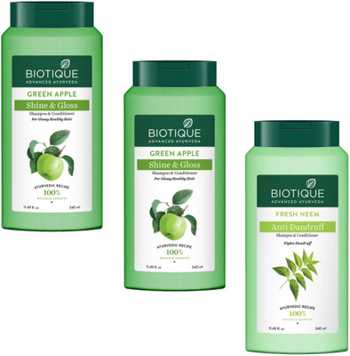 BIOTIQUE Shampoo 340ml - Green Apple Shine & G. & Fresh Neem (Pack of 3)(1020 ml)