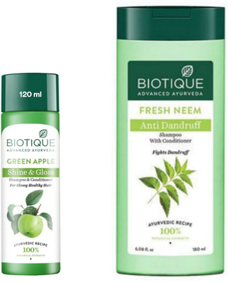 BIOTIQUE Shampoo - Green Apple - 120ml & Fresh Neem - 180ml (Pack of 2)(300 ml)