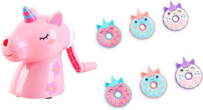 RHINETOYS Kids Unicorn Table Sharpener Machine with Donut Eraser Colors Two pc Set Table Machine Sharpeners(Set of 2, Multicolor)